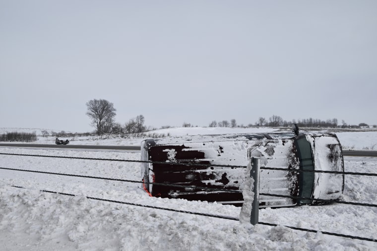 An overturned vehicle on I-380 North in Jefferson Township, Iowa on Jan. 13, 2024.
