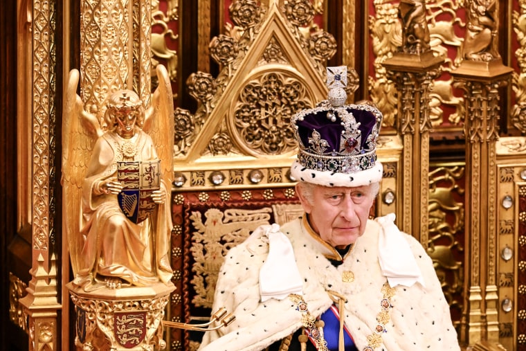 King Charles III at the State Opening of Parliament in the House of Lords Chamber, in London on Nov. 7, 2023.