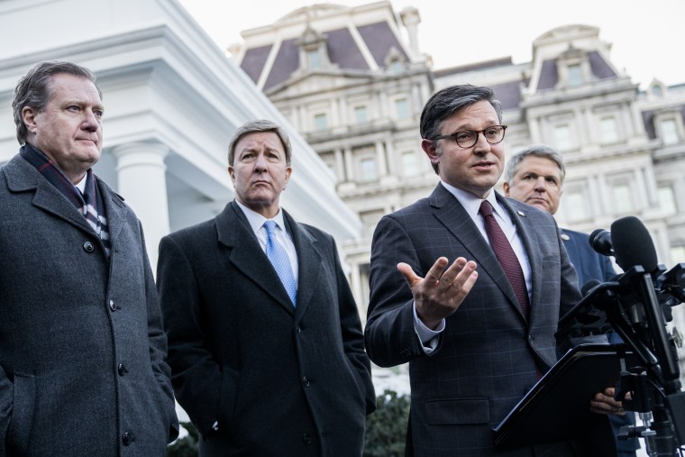 From left, Reps. Mike Turner, R-Ohio, Mike Rogers, R-Ala., Speaker of the House Mike Johnson, R-La., and Michael McCaul, R-Texas, after a meeting at the White House about funding for Ukraine on Jan. 17, 2024. 