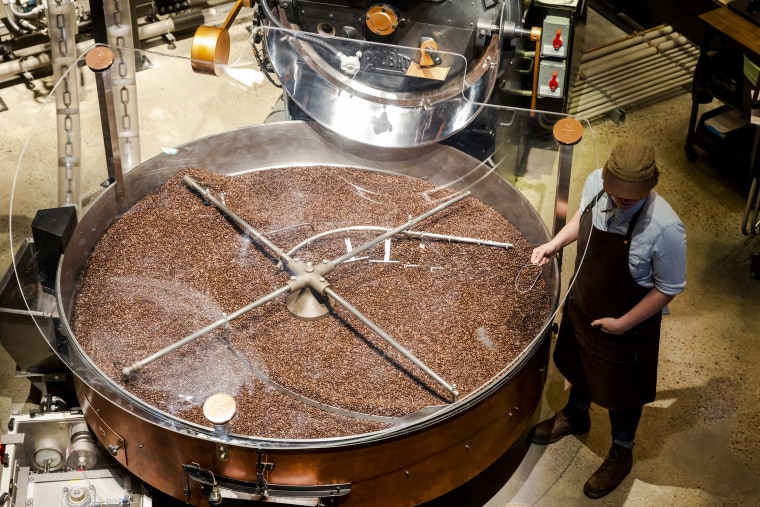 A coffee roaster takes a scoop of coffee beans from a roaster 