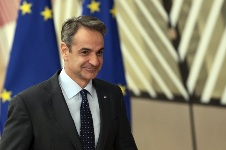 Kyriakos Mitsotakis arrives at the European Council summit in Brussels, Belgium