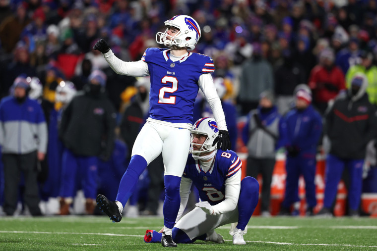 Tyler Bass #2 of the Buffalo Bills misses a 44 yard field goal attempt against the Kansas City Chiefs during the fourth quarter in the AFC Divisional Playoff game at Highmark Stadium on January 21, 2024 in Orchard Park, New York.