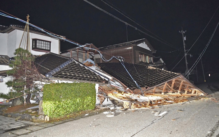 Collapsed houses after an earthquake in Anamizu Town in Japan's Ishikawa Prefecture on Jan. 1, 2024. 