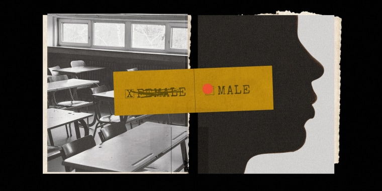 Photo collage of a classroom, a silhouette of a face, and a piece of paper labelled "Female/Male" with "Female" crossed out 