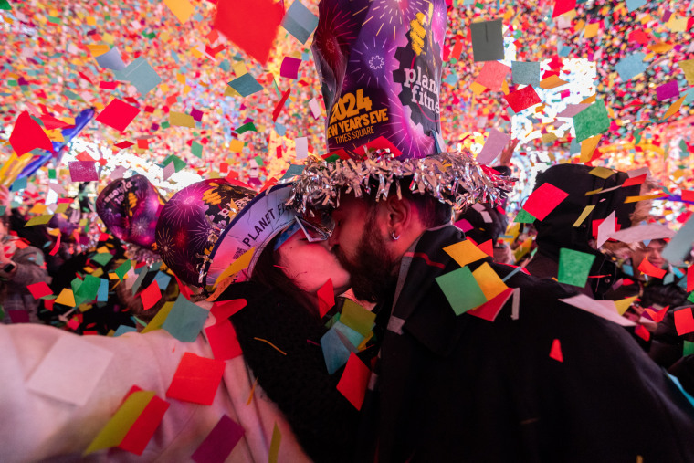Revelers celebrate New Year's in Times Square on January 01, 2024 in New York City.