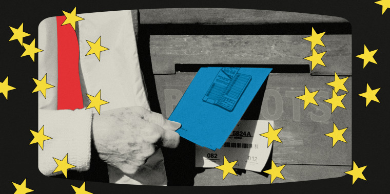 Photo illustration of a hand submitting a ballot 