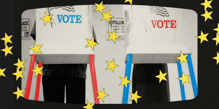 Photo illustration of two voting booths overlaid with yellow stars 