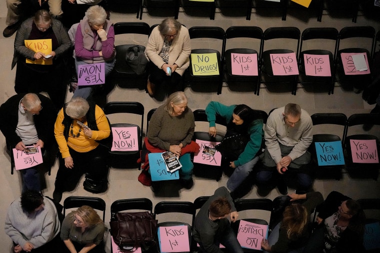 People wait for the start of a rally in favor of legislation banning gender-affirming healthcare for minors at the Statehouse in Jefferson City, Mo., last year.