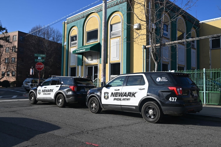 Police vehicles outside Masjid Muhammad Mosque in Newark, N.J., on Jan. 3, 2024.