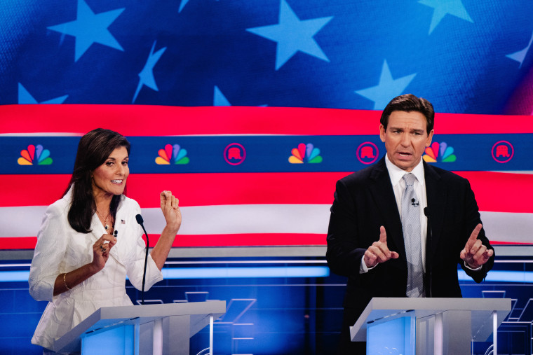 Republican presidential candidates Nikki Haley and Florida Gov. Ron DeSantis at the GOP debate in Miami on Nov. 8, 2023.