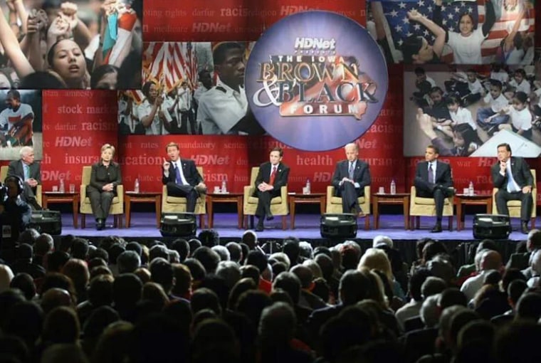 Members of the 2008 Democratic presidential field, including then-Sens. Joe Biden and Barack Obama, participate in that year's forum.