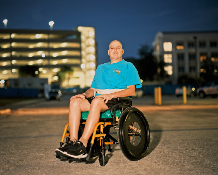 Gilbert “Kip” Wyand outside of Moffitt Cancer Center before checking in for a month-long round of chemotherapy treatment on Dec. 21, 2023 in Tampa, Fla.