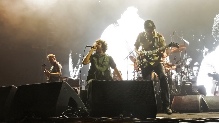 From left, Tim Commerford, Zack de la Rocha and Tom Morello of Rage Against the Machine perform in New York City