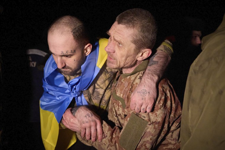 Ukrainian prisoners of war after a prisoner exchange near Sumy, Ukraine, on Wednesday.  