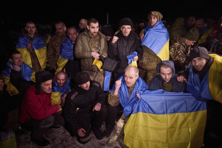 Ukrainian prisoners of war pose for a photo after a prisoner exchange near Sumy, Ukraine
