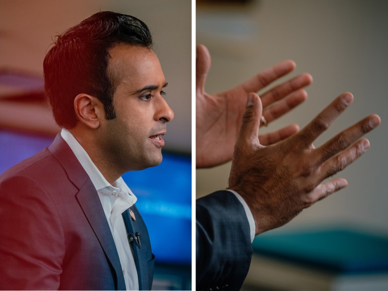 Side by side of Ramaswamy with a detail shot of his hands while he speaks.