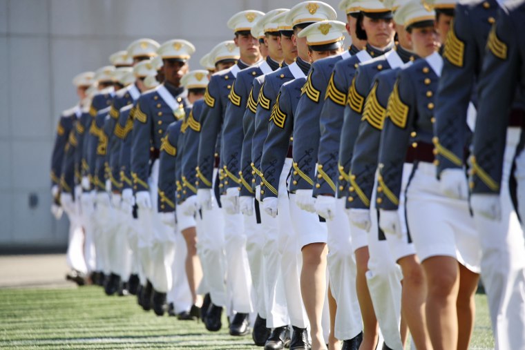 Cadets walk into Michie Stadium during West Point's graduation ceremony on May 27, 2023 in West Point, N.Y.