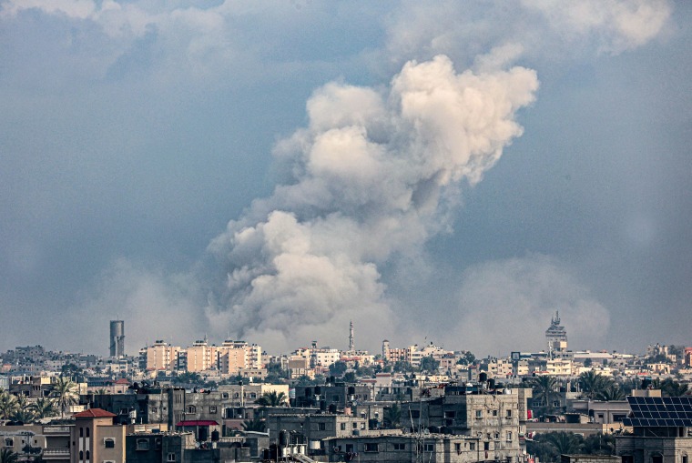 Smoke billowing over Khan Yunis in the southern Gaza Strip during Israeli bombardment 