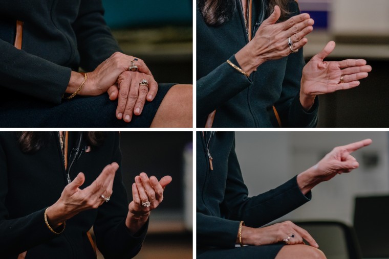 A quadrant with detail shots of Nikki Haley gesturing during an interview.