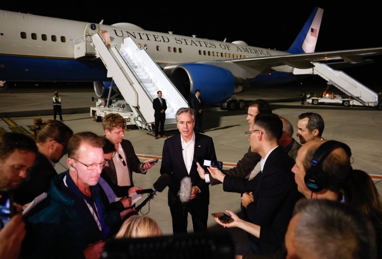 Secretary of State Antony Blinken speaks to the media at al-Ula airport in northwestern Saudi Arabia before departing for Tel Aviv on Jan. 8, 2024.