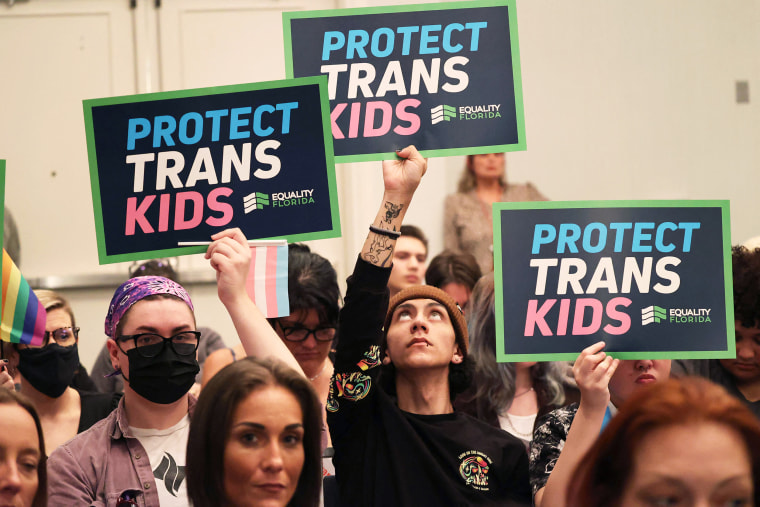 protest new guidelines limiting gender-affirming care in Florida