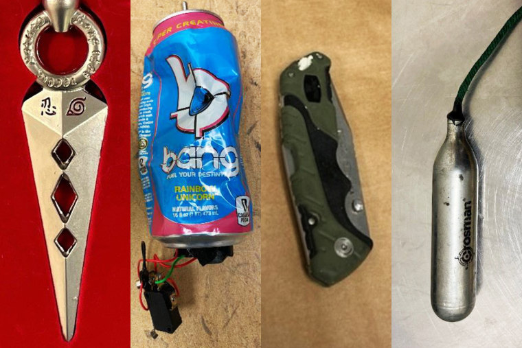 A side by side of a Naruto knife,  an inert IED hidden in an energy drink can, a knife that was found hidden inside a loaf of keto bread and an IED CO2 cartridge.