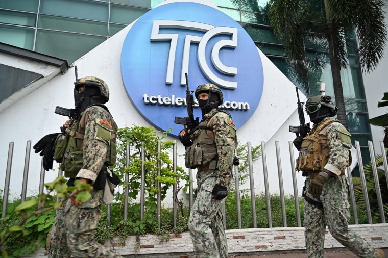 Ecuadorean soldiers patrol outside the premises of Ecuador's TC television channel in Guayaquil, Ecuador