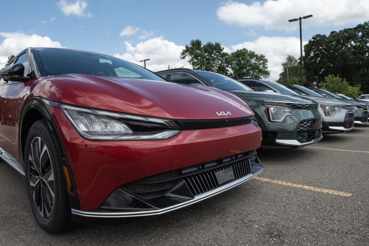 Kia electric vehicles on car dealership lot for sale in Detroit on Thursday, July 13, 2023.  