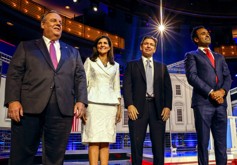 From left, Chris Christie, Nikki Haley, Ron DeSantis, and Vivek Ramaswamy at the Republican primary presidential debate in Miami