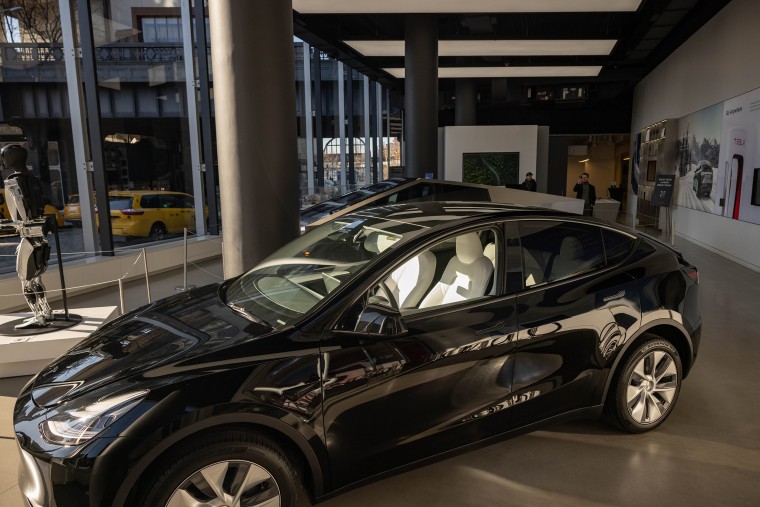 A Tesla Model Y electric vehicle at the company's showroom in the Meatpacking District of N.Y. on Friday, Jan. 5, 2024. 