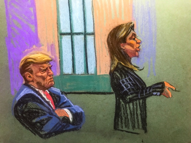 Former U.S. President Donald Trump and his lawyer Alina Habba attend the closing arguments in the Trump Organization civil fraud trial at New York State Supreme Court on Jan. 11, 2024.