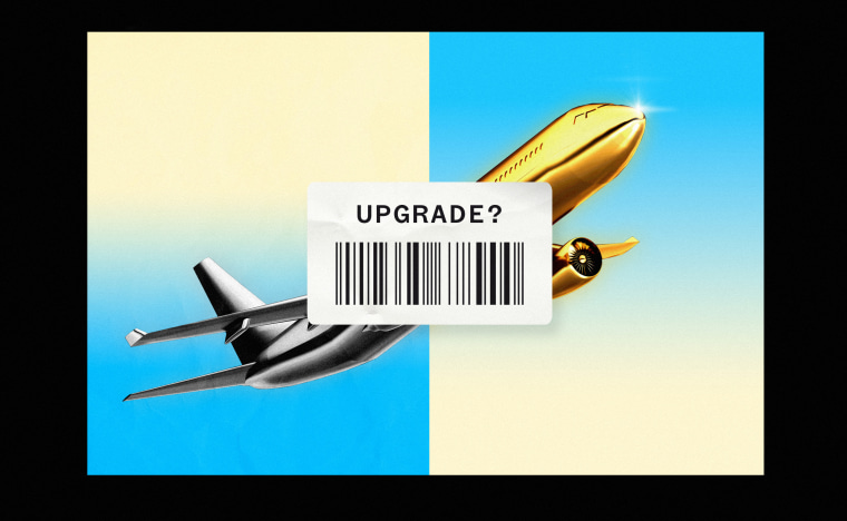 Photo illustration of a split image of a standard plane and a "gold-plated" plane; a price sticker that reads "Upgrade?" is overlaid on top of the image 