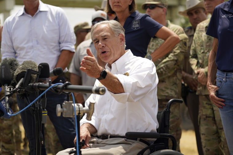 Texas Gov. Greg Abbott speaks during a news conference in Eagle Pass, Texas in August 2023. 