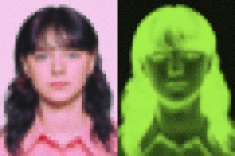 Photo illustration of a pixelated, blurry teen girl and the same photo, but ghostly and green.