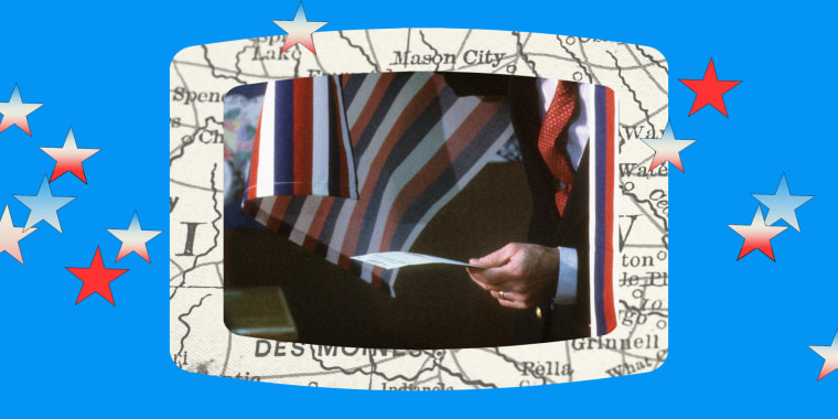 Photo of man holding ballot on top of Iowa map