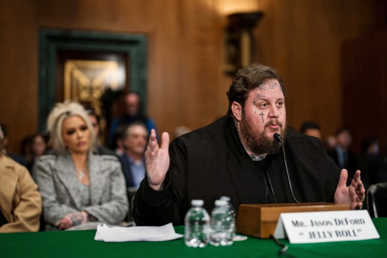 Jason DeFord, who performs as "Jelly Roll," testifies before a Senate committee on Jan. 11, 2024.