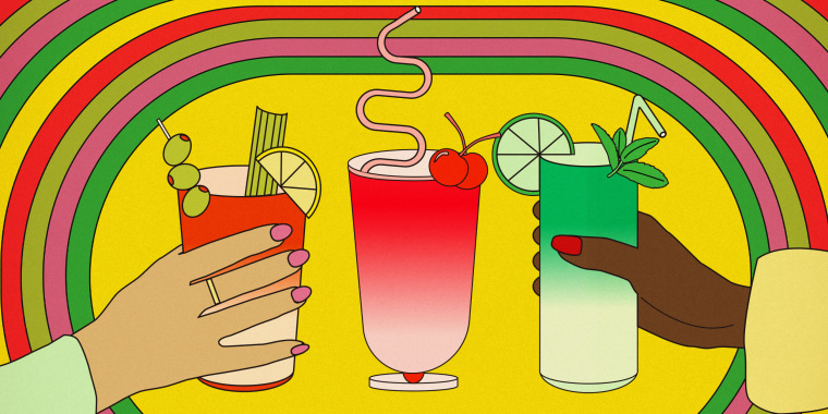 Illustration of a bloody mary, shirley temple, and mojito; hands hold the drinks 