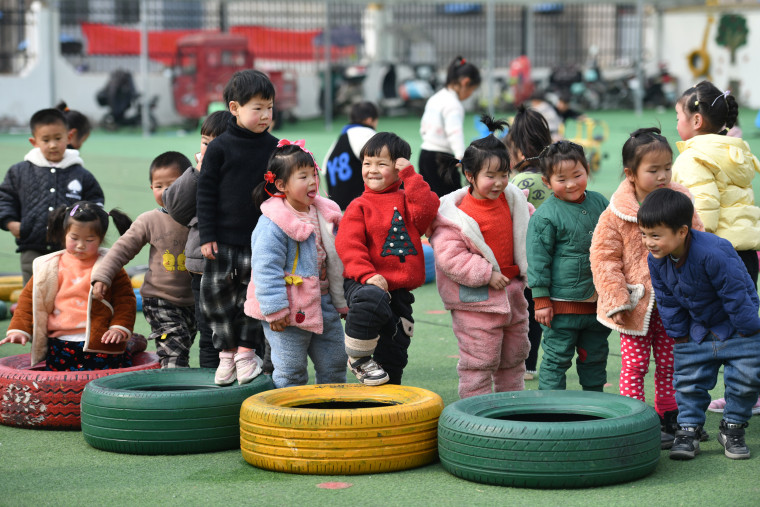 Children play at a kindergarten in Fuyang City, China