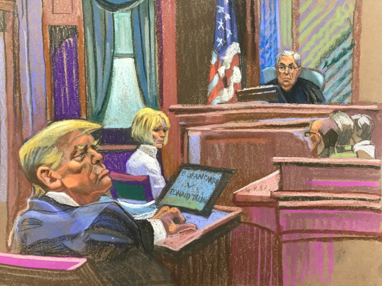 Former president and Republican presidential candidate Donald Trump and former magazine columnist E. Jean Carroll in Manhattan federal court in New York for the second defamation trial