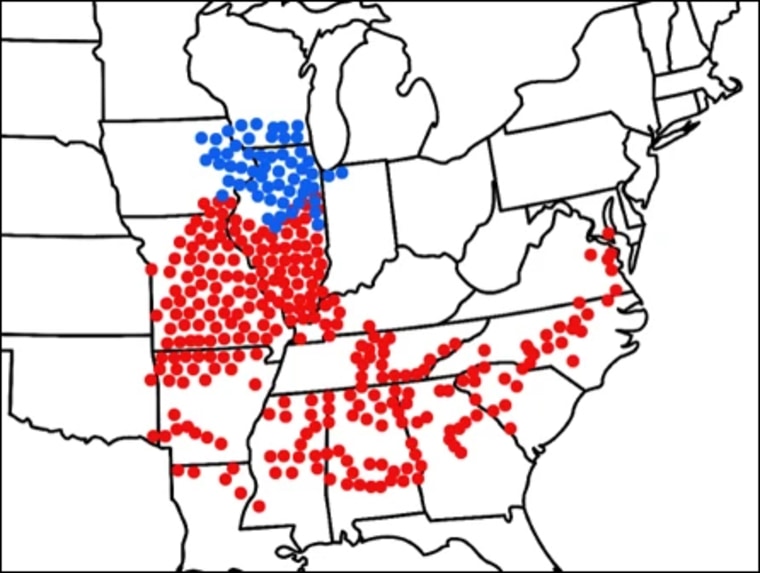 The blue map dots denote Brood XIII cicadas and the red dots are areas where Brood XIX has emerged in the past. These areas will likely have periodical cicadas in 2024.