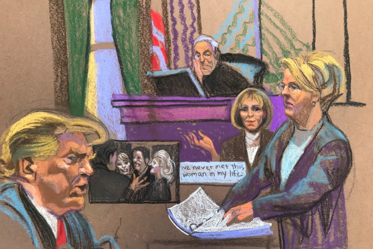 E. Jean Carroll, right, is questioned by her lawyer Roberta Kaplan
