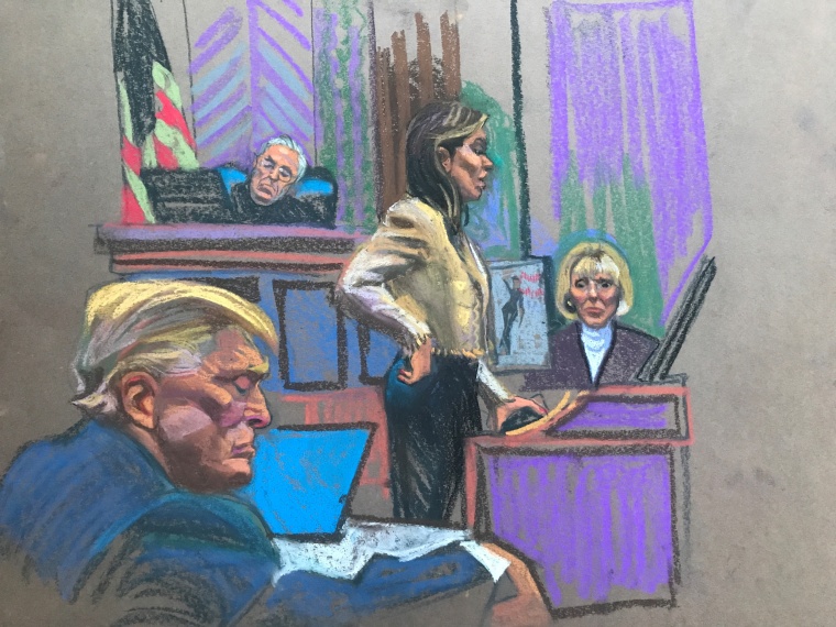 Former President Donald Trump's lead defense attorney Alina Habba, center, cross examines E Jean Carroll