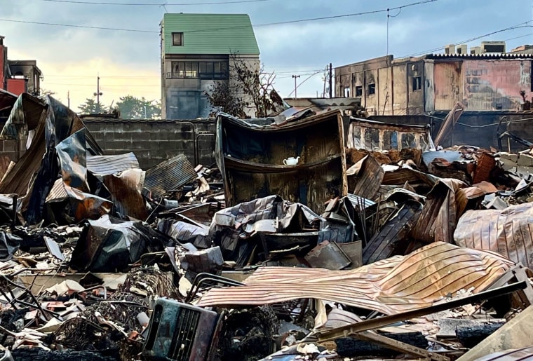 Two hundred shops and buildings made of wood and traditional materials were ravaged by fire in Wajima’s central market.