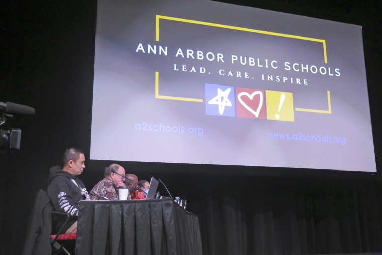 The Ann Arbor Public Schools board discusses a resolution calling for a ceasefire in the Israel-Hamas war at Pioneer High School, Wednesday, Jan. 17, 2024, in Ann Arbor, Mich. 