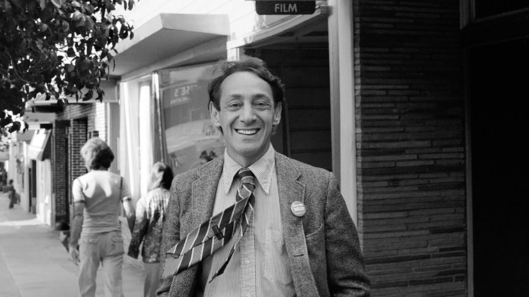 Harvey Milk in front of his Castro Street Camera Store in 1977 from The Times of Harvey Milk by Rob Epstein.