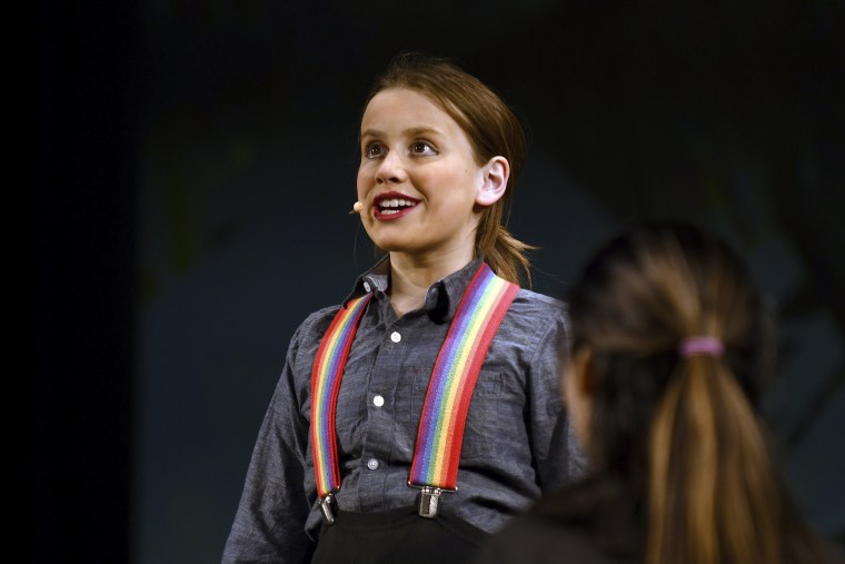 Ember Bradley performs in a scene from “The Bullying Collection” at Wheatland High School in Wheatland, Wyo.