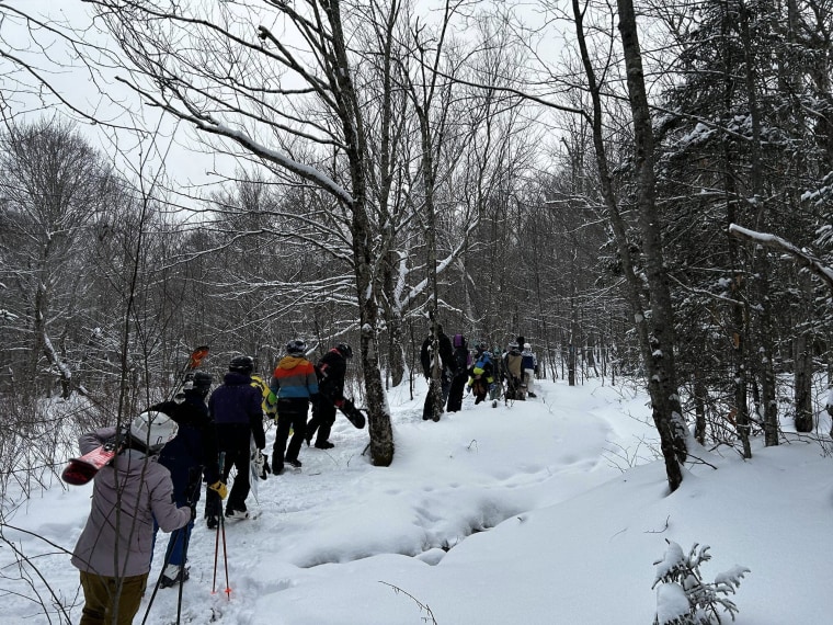 A group of rescuers brought 23 skiers and snowboarders back to safety Saturday, Jan. 20, 2024, after they became lost in the backcountry in Killington, Vt.
