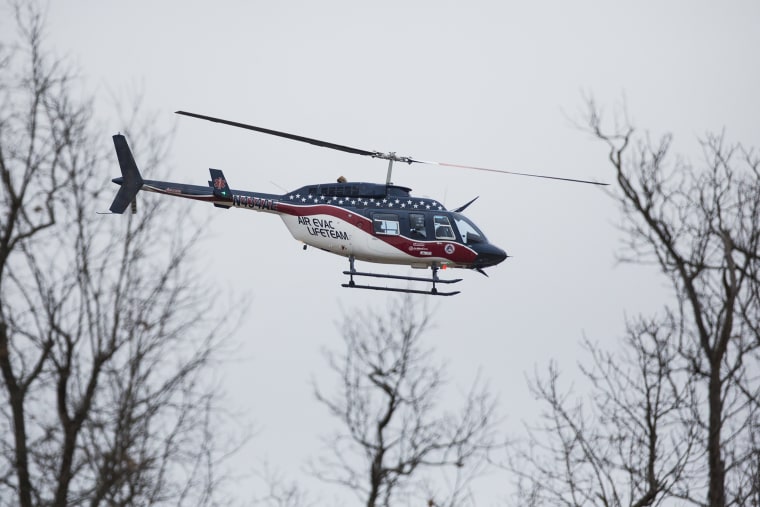 An Air-Evac Lifeteam helicopter in 2018, in Benton, Ky., after a fatal school shooting.
