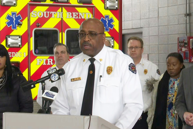 South Bend Fire Chief Carl Buchanon briefs media about the house fire which killed five children in South Bend, Ind., on Sunday.