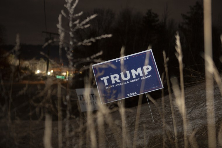 A sign for former President Donald Trump in Laconia, New Hampshire, on Jan. 22, 2024, the eve of the New Hampshire primary. 